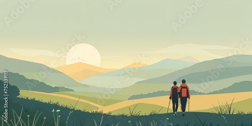 couple walk through green meadow overlooking rolling green hills in summer with copy sspace photo