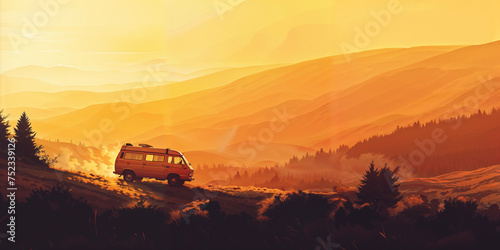 camper van at sunset with an amazing view of mountains during golden hour