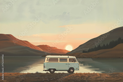 camper van parked as sun i about to set