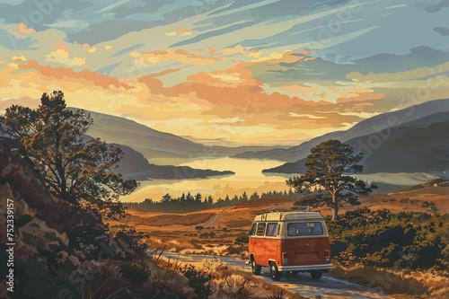van with a view of a lakeside in a great valley