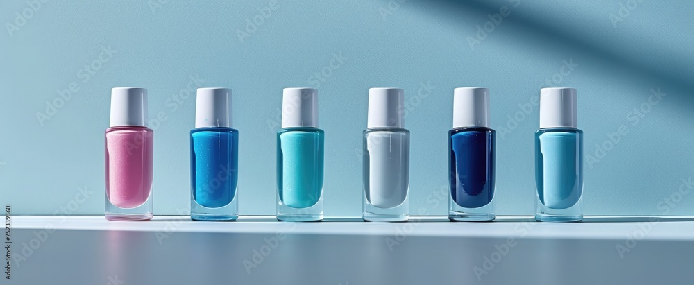 Frontal view of nail polish bottles arranged in a gradient from light pastel blue to dark pastel blue, showcasing a monochromatic spectrum of the color for summer look Frontal view of nail polish bottles arranged in a gradient from light pastel blue to dark pastel blue, showcasing a monochromatic spectrum of the color for summer look