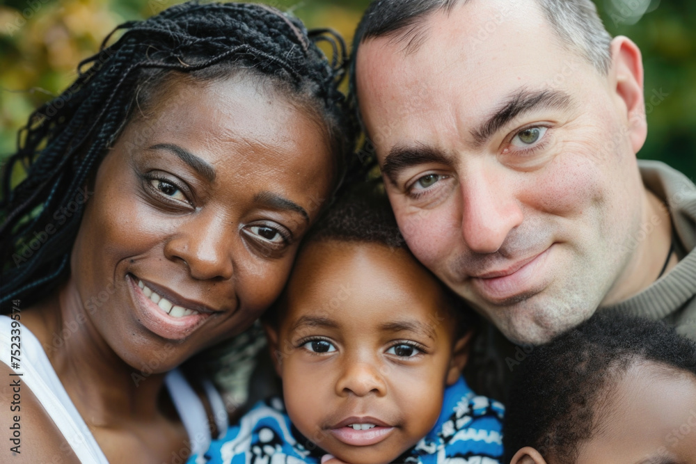 Close up portrait of family of mixed race outdoors