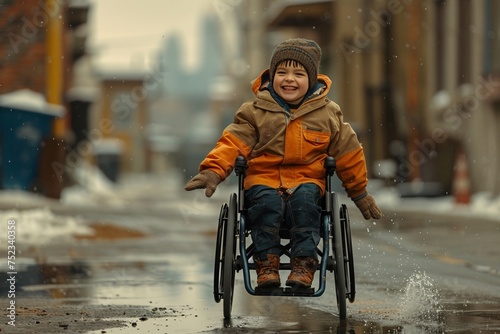 Young child in a winter jacket and beanie navigates a wheelchair on a cold day