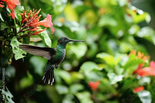 A hummingbird in flight looking for nectar in the jungle.