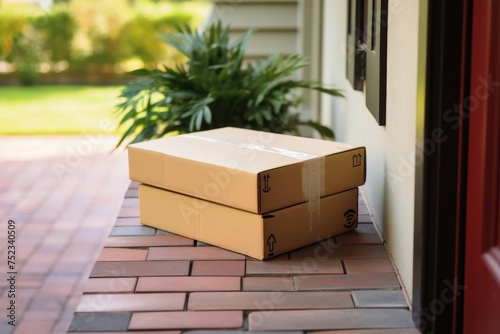 A parcel carrier brings a parcel to a front door.
