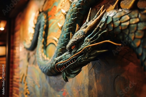 A three dimensional dragon comes out of a painting on a wall. © Michael