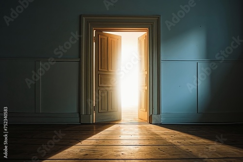 An open door with bright light coming out of the door.