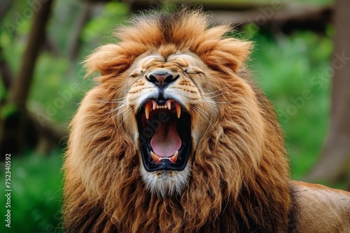 Close up of a male roaring lion.