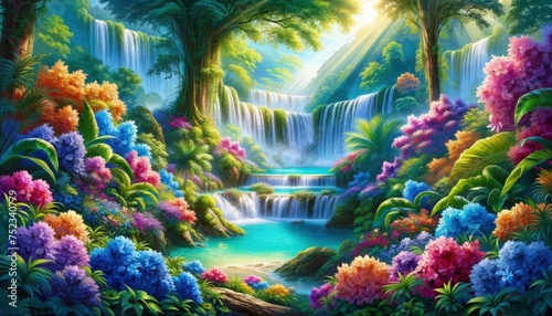 Tropical Paradise Waterfall Surrounded by Lush Floral Blooms . illustration Wallpaper