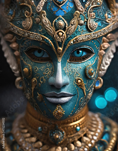 A bright turquoise mask with jewels
