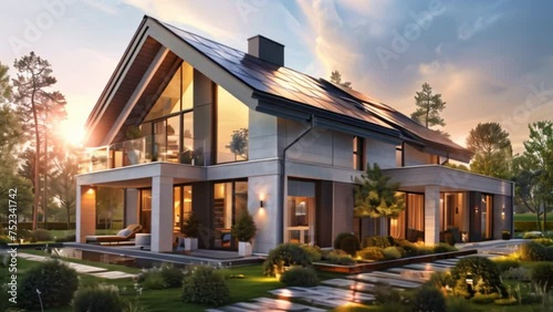 A digital transformation of a suburban house with solar panels appearing on the roof. Installation of Clean Energy Saving Green Eco Solution. Concept of Eco-Renewable Power and a Healthy Environment photo