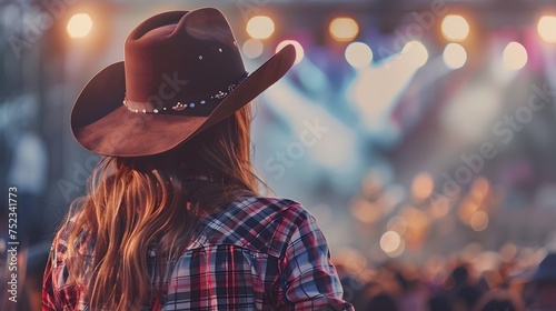 Back view of a young american woman fan of country music attending a country music concert wearing a cowboy hat and copy space photo