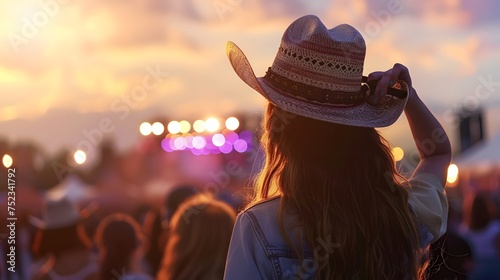 Back view of a young american woman fan of country music attending a country music concert wearing a cowboy hat and copy space photo