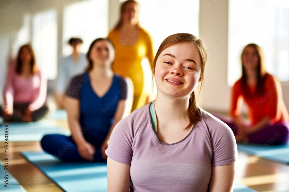 Smiling woman with Down syndrome in yoga class with diverse group in sunlit studio. Concept health, mental wellbeing through inclusive fitness, community support. Sport for people with disabilities Smiling woman with Down syndrome in yoga class with diverse group in sunlit studio. Concept health, mental wellbeing through inclusive fitness, community support. Sport for people with disabilities