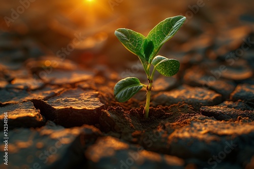 A young green plant glows in the warm light of a sunset, symbolizing life and resilience on cracked, barren land