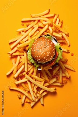 Fastfood burger and chips on bright colour tabletop overhead view. © Twomeows_AS
