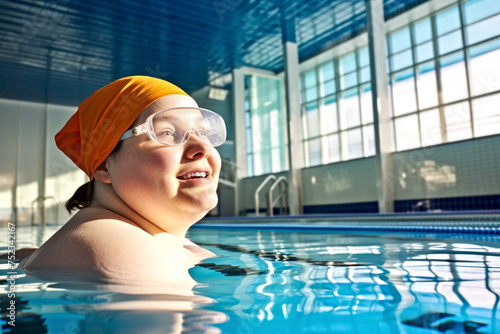 A woman with Down syndrome sporting a swim cap and goggles looks happily in a bright indoor pool, enjoying experience of swimming. Sports for people with disabilities. Copy space
