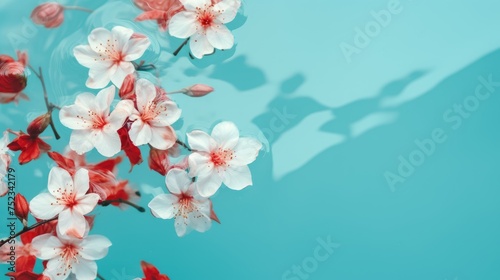 Beautiful delicate flowers on a background of blue water. The texture of the water. Small waves, ripples on the water. Background for Women's Day, Valentine's Day.