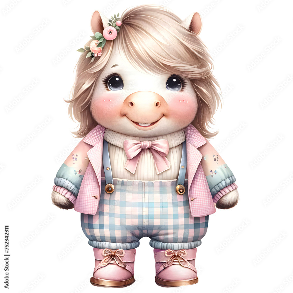 Cute kawaii Horse animal character wearing cute pastel outfit clipart. 