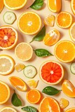 Citrus fruits on coloured still life overhead view.