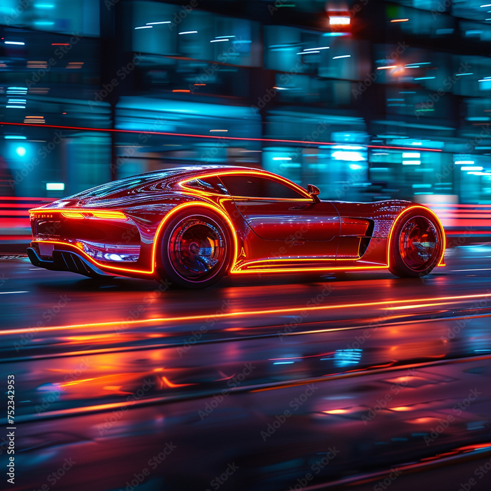 Modern futuristic car in movement. Cars lights on the road at night time. Timelapse, hyperlapse of transportation. Motion blur, light trails, abstract soft glowing lines ai technology