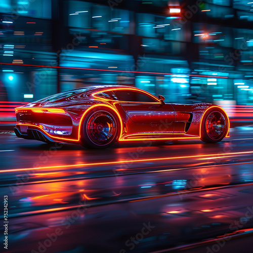 Modern futuristic car in movement. Cars lights on the road at night time. Timelapse, hyperlapse of transportation. Motion blur, light trails, abstract soft glowing lines ai technology © Hulkbuster