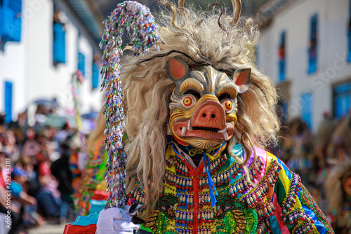 Dancers in traditional costumes at the festivity of the Virgen del Carmen, Paucartambo square, Cusco Peru. photo
