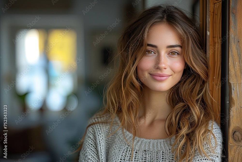 Welcome. Portrait of cheerful woman standing in doorway of modern apartment, greeting visitor and inviting guest to enter her home, happy smiling young lady holding door looking out flat Welcome. Portrait of cheerful woman standing in doorway of modern apartment, greeting visitor and inviting guest to enter her home, happy smiling young lady holding door looking out flat