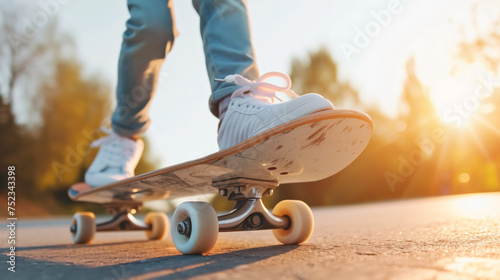 Young man in sneakers riding skateboard on the asphalt. © Alexander Raths