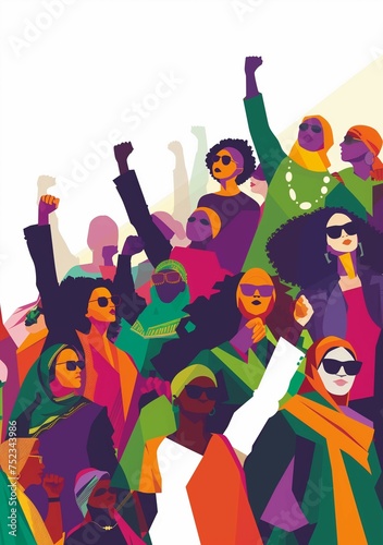International Women's Day poster a diverse group of women, standing with hands raised in unity and empowerment.