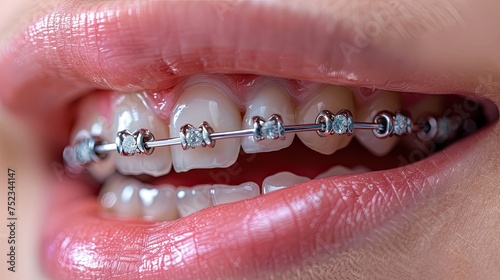 Close up shot on a beautiful mouth with orthodontic braces