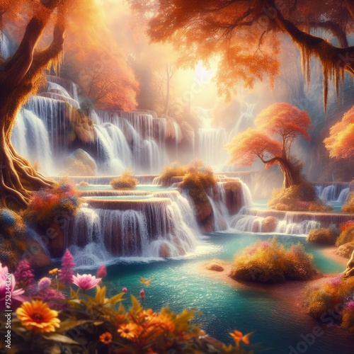 Autumnal Fantasy Waterfall with Radiant Foliage Reflection. illustration Wallpaper