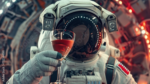 an astronaut in a helmet in a spaceship raises a glass of wine on the occasion of Cosmonautics Day, astronomy, banner