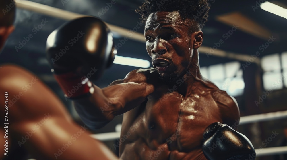Nimble black athlete punching challenger, Intense Boxing Match: Power and Agility in the Ring