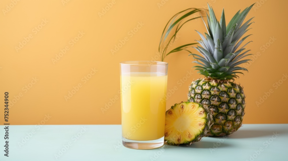 Pineapple juice in a glass and a decanter with fresh fruits on the table. A healthy sweet snack. A refreshing summer drink. Pineapple juice in a glass and a decanter with fresh fruits on the table. A healthy sweet snack. A refreshing summer drink.