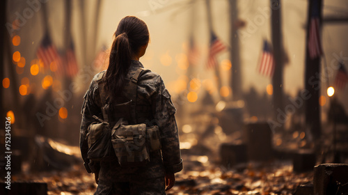 Back view of a soldier standing in front of cemetery gravestones