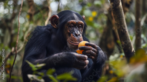 Chimpanzee in the forest eats a peeled orange  theory of evolution  humorous poster