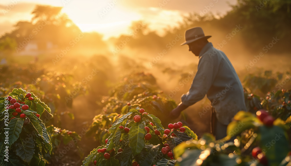 Farmer or picker working at his coffee farm, only blurred silhouette visible against morning sunlight, red berries growing on bushes in foreground. Generative AI - obrazy, fototapety, plakaty 