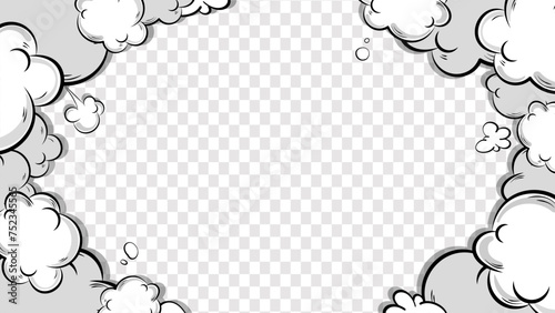 Comic clouds frame background. Cartoon puff clouds frame on transparent background. Comic book explosion. Explosion with puffs of smoke.