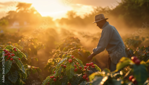 Farmer or picker working at his coffee farm, only blurred silhouette visible against morning sunlight, red berries growing on bushes in foreground. Generative AI