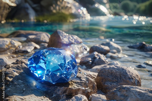 A sparkling blue gemstone sits atop a rock by a sunlit river, symbolizing wealth and natural beauty