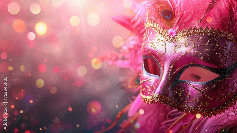 carnival mask with feathers on blurred background with a lot of empty copy space  