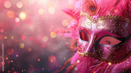 carnival mask with feathers on blurred background with a lot of empty copy space 