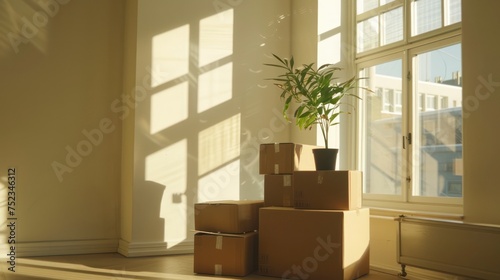 Moving boxes and potted plants in empty room of new house with copy space.