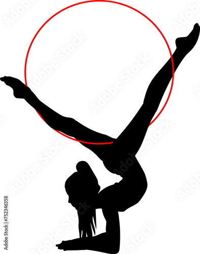 A vector illustration features a black silhouette of a gymnast performing an acrobatic routine with a red hoop against a white background. The silhouette portrays grace, flexibility, and athleticism, 