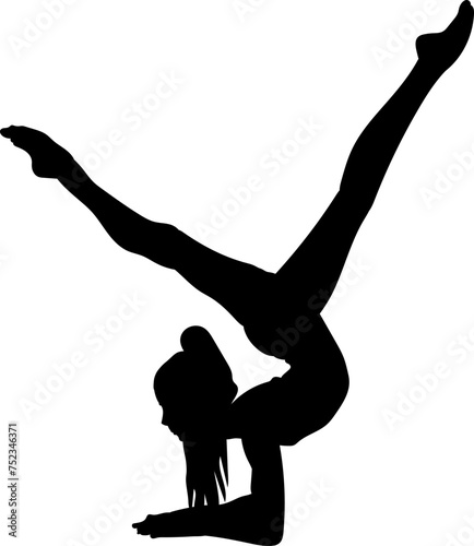 A vector illustration features a black silhouette of a gymnast executing an acrobatic routine against a white background. The silhouette embodies grace, flexibility, and elegance, while the simplicity