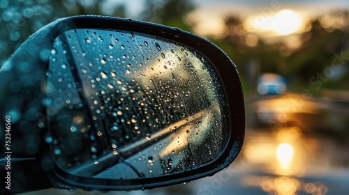 Rain water on windscreen reflection in car mirror