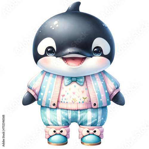 Cute kawaii Killer Whale sea animal character wearing cute pastel outfit clipart.Nursery animals theme. 