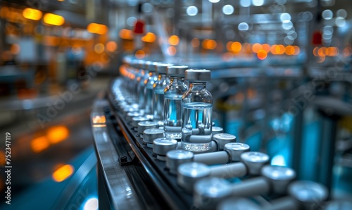 Rows of vaccine vials moving along a production line in a high-tech pharmaceutical facility, soft focus on the leading vial symbolizing the journey from research to public health