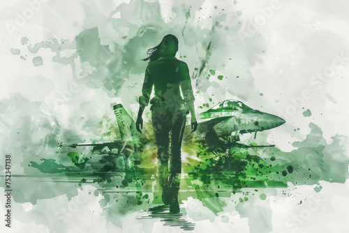 Air Force woman walking in fighter jet  green splash watercolor